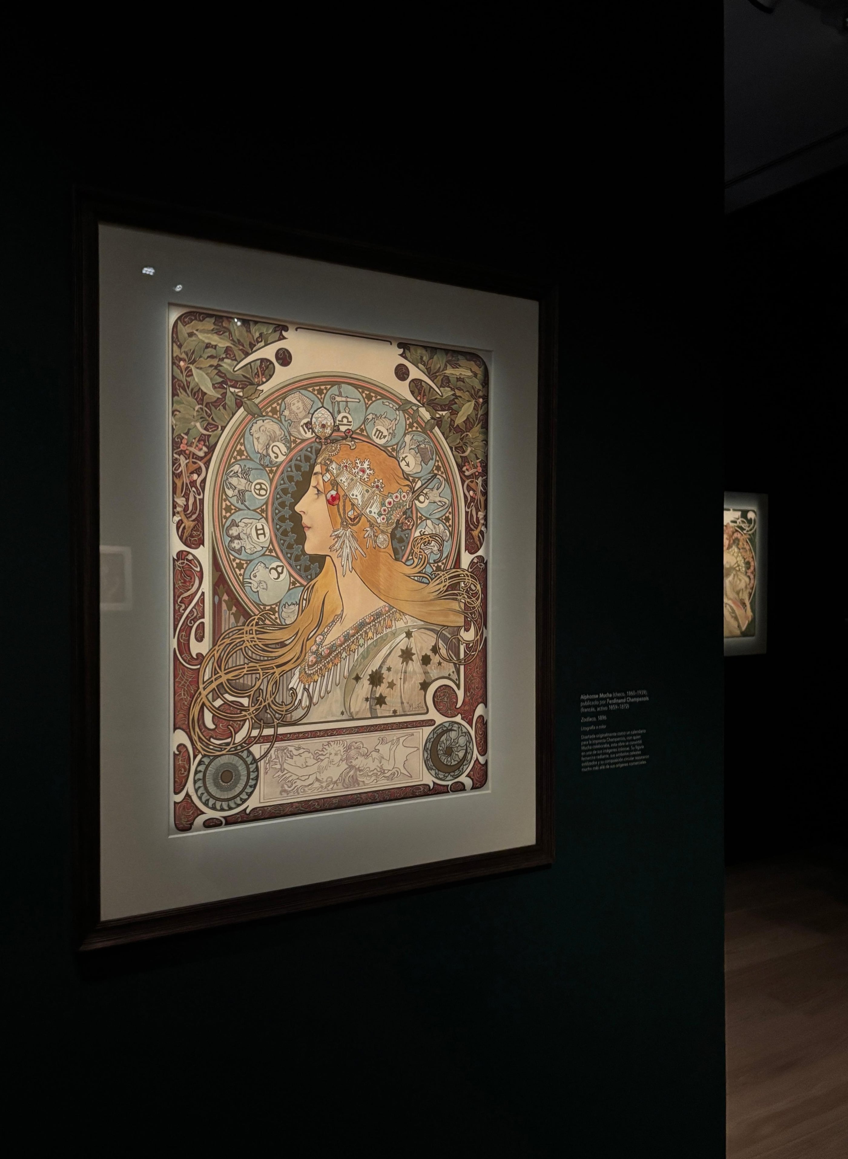 Cuadro enmarcado con la ilustración de una mujer de perfil y símbolos zodiacales sobre una pared oscura junto a una cartela informativa