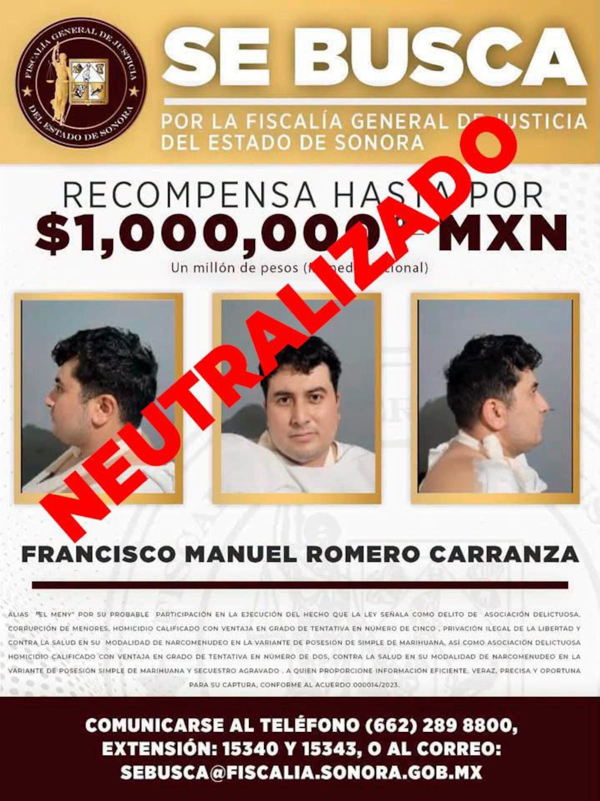 Tras huir con una escalera del Cereso 2 de Hermosillo y convertirse en objetivo prioritario con una recompensa de 1 millón de pesos, elementos de la Semar, la SSPC y la Fiscalía de Sonora abatieron a “El Meny Carranza durante un operativo en Huatabampo