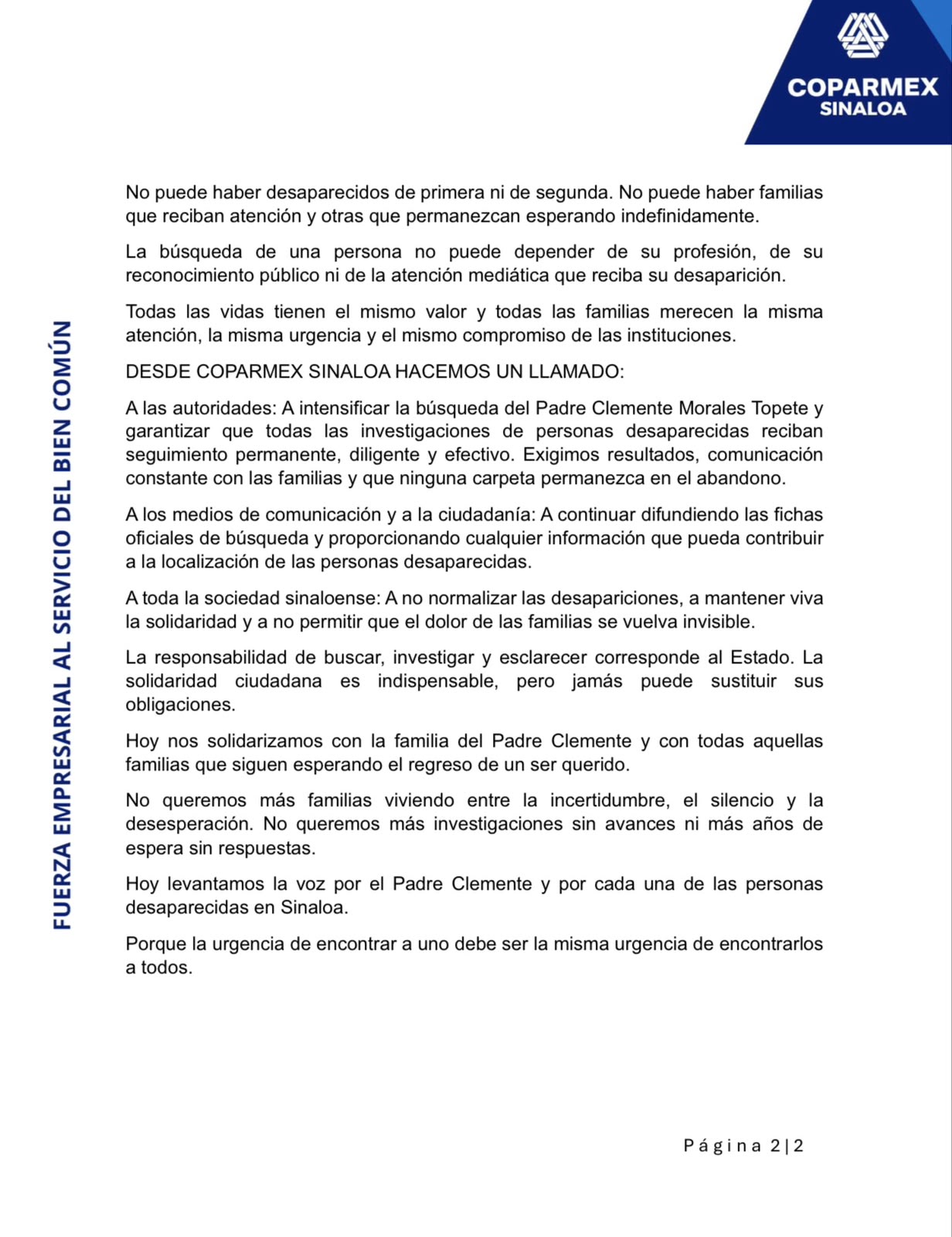 Coparmex Culiacán exige actuar de manera inmediata ante crisis de desaparición forzada