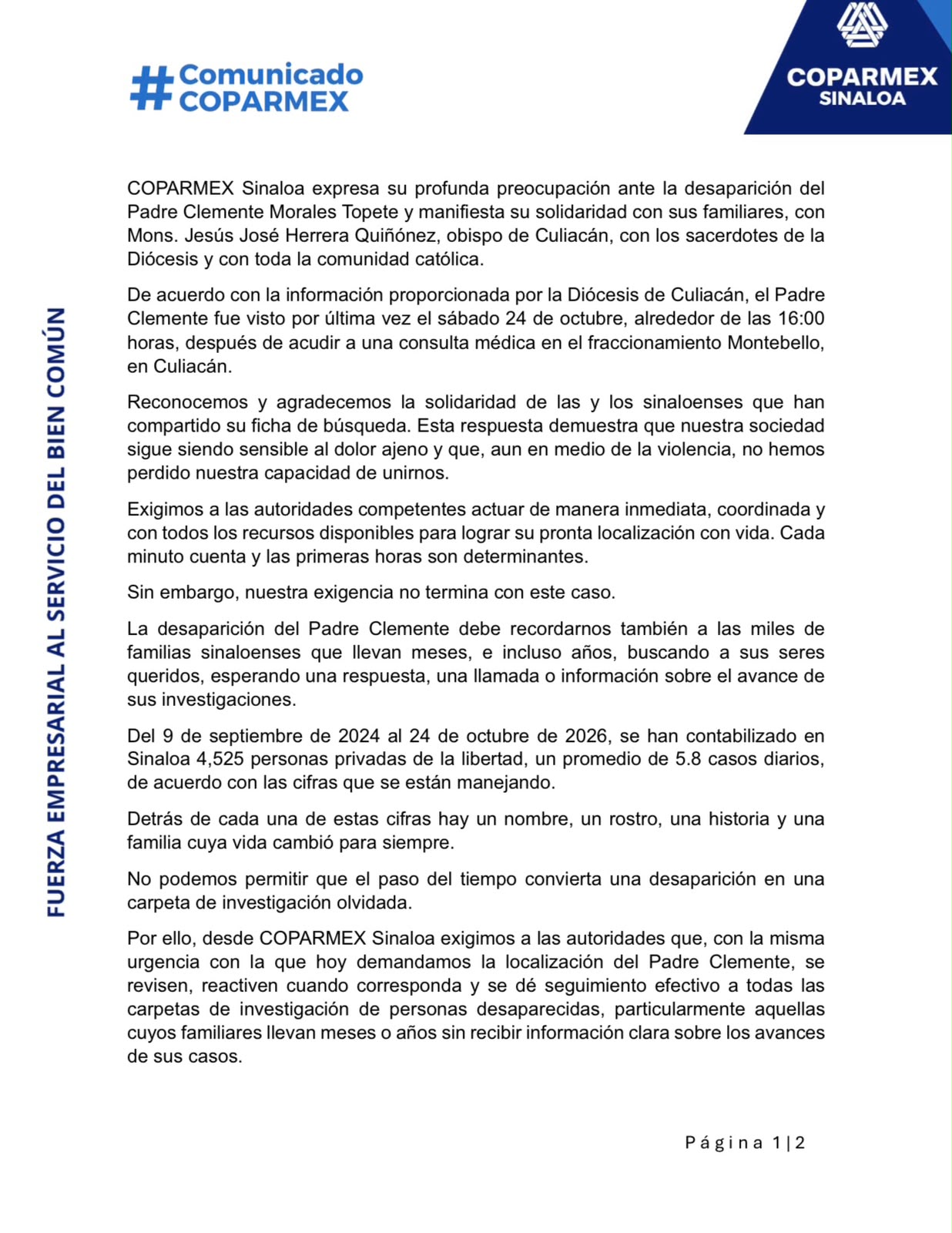 Coparmex Culiacán exige actuar de manera inmediata ante crisis de desaparición forzada