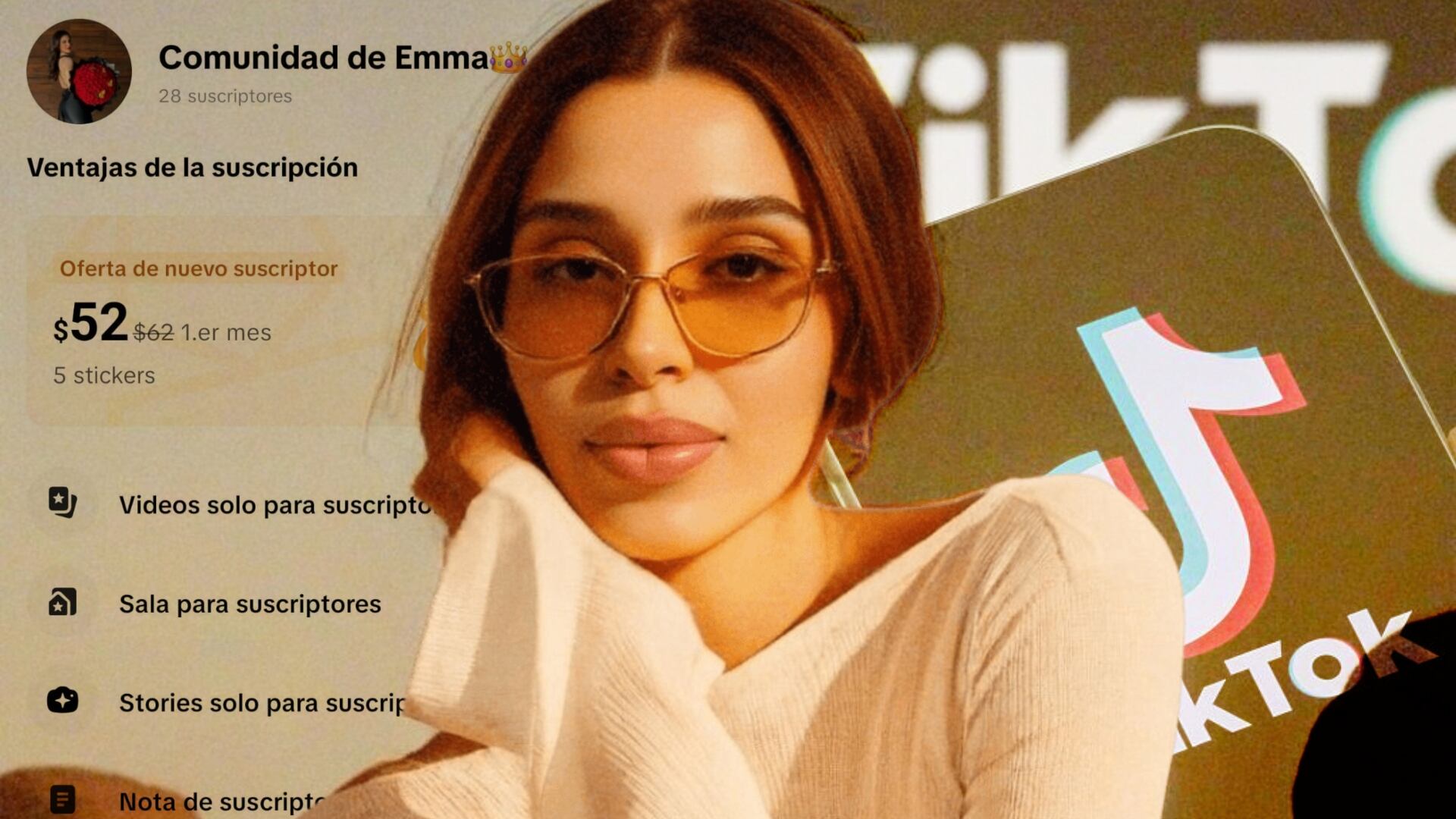 Retrato de Emma Coronel con anteojos junto al logotipo de TikTok y una captura con opciones de suscripción de pago