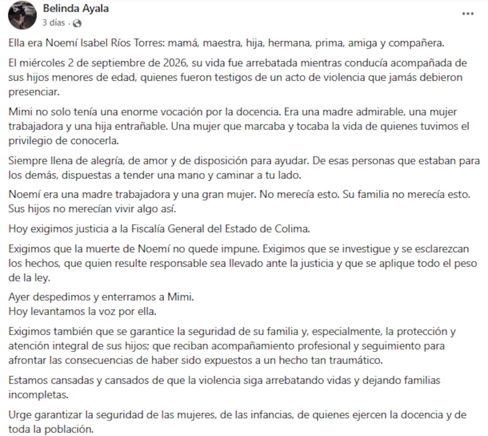 La venganza de una ex y sicarios del Cártel de Sinaloa: lo que hay detrás del asesinato de la maestra Noemí Ríos en Colima